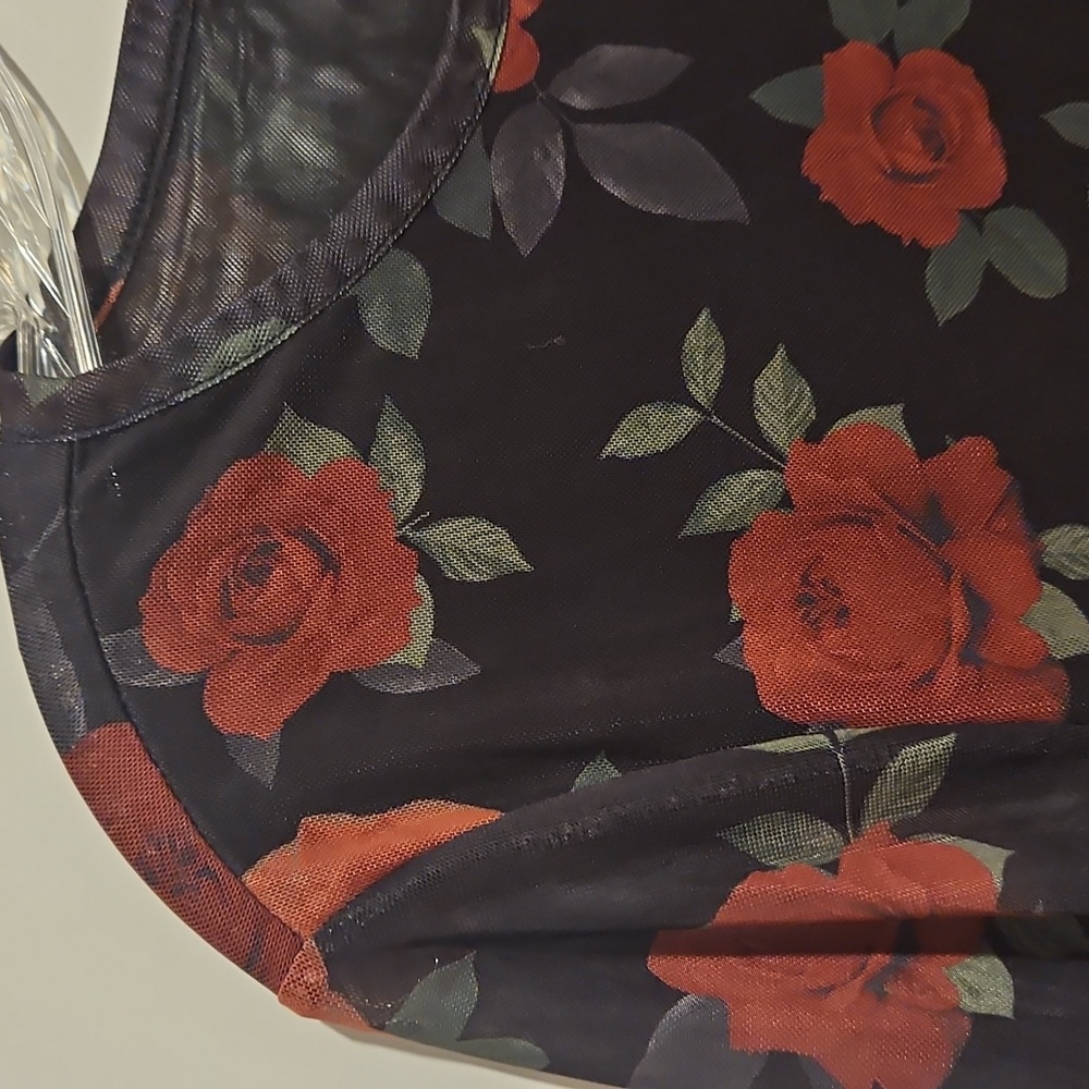 Black Red Roses Long Mesh Sleeve Top Orange Kiss XL - Picture 2 of 8